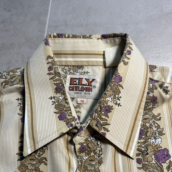 70s‎ ELY Cattleman Western Shirt Mens M Rose Floral Stripe Pearl Snap Ranch